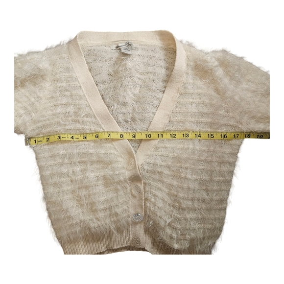 American Rag Fuzzy White Cropped Cardigan with Crystal Buttons Size Small - Picture 7 of 7
